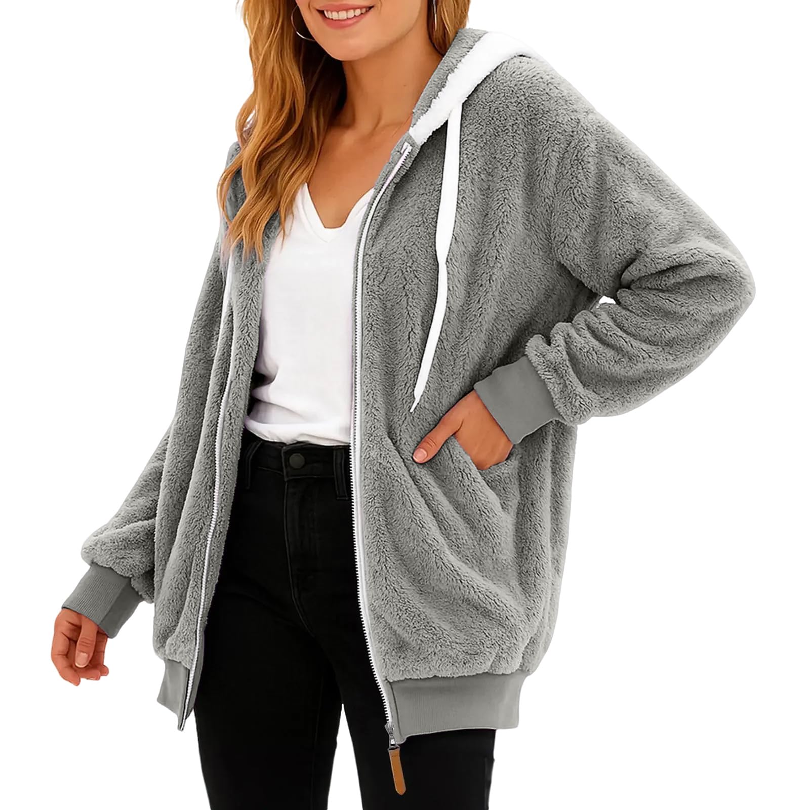 Generisch Winterjacke Damen Warm Fleecejacke Elegant Teddyjacke Mit Kapuze Plüschjacke Winter Plüschmantel Langarm Flauschjacke Outdoor Kapuzenjacke Einfarbig Locker Damenjacken Casual Wintermantel