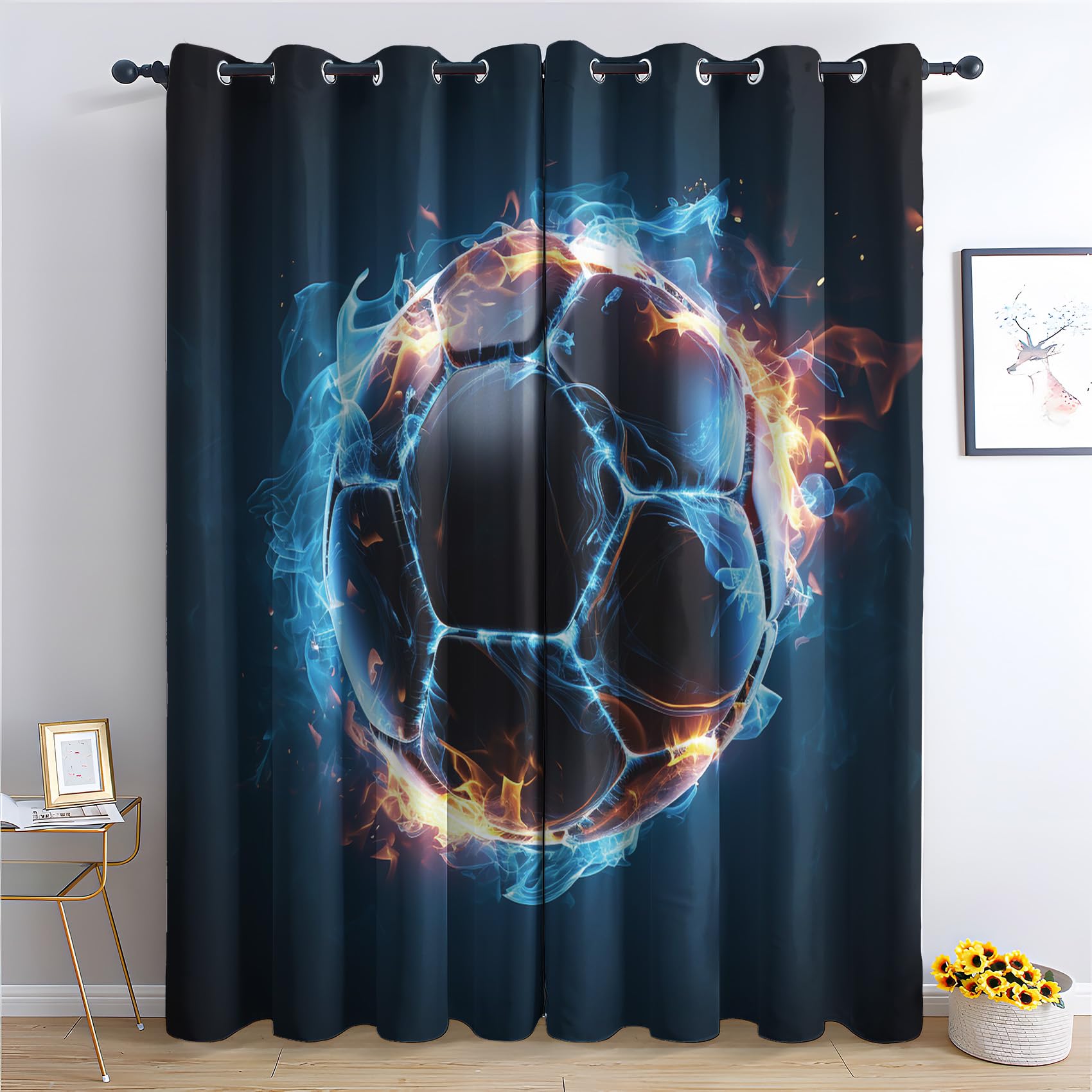 Soccer Blackout Curtains, Boy Curtains for Bedroom Living Room, Thermal Insulated Eyelet Curtain, 84 Drop Window Treatments Drapes, 52x84 Inch (W x L), 2 Panels UKS1092