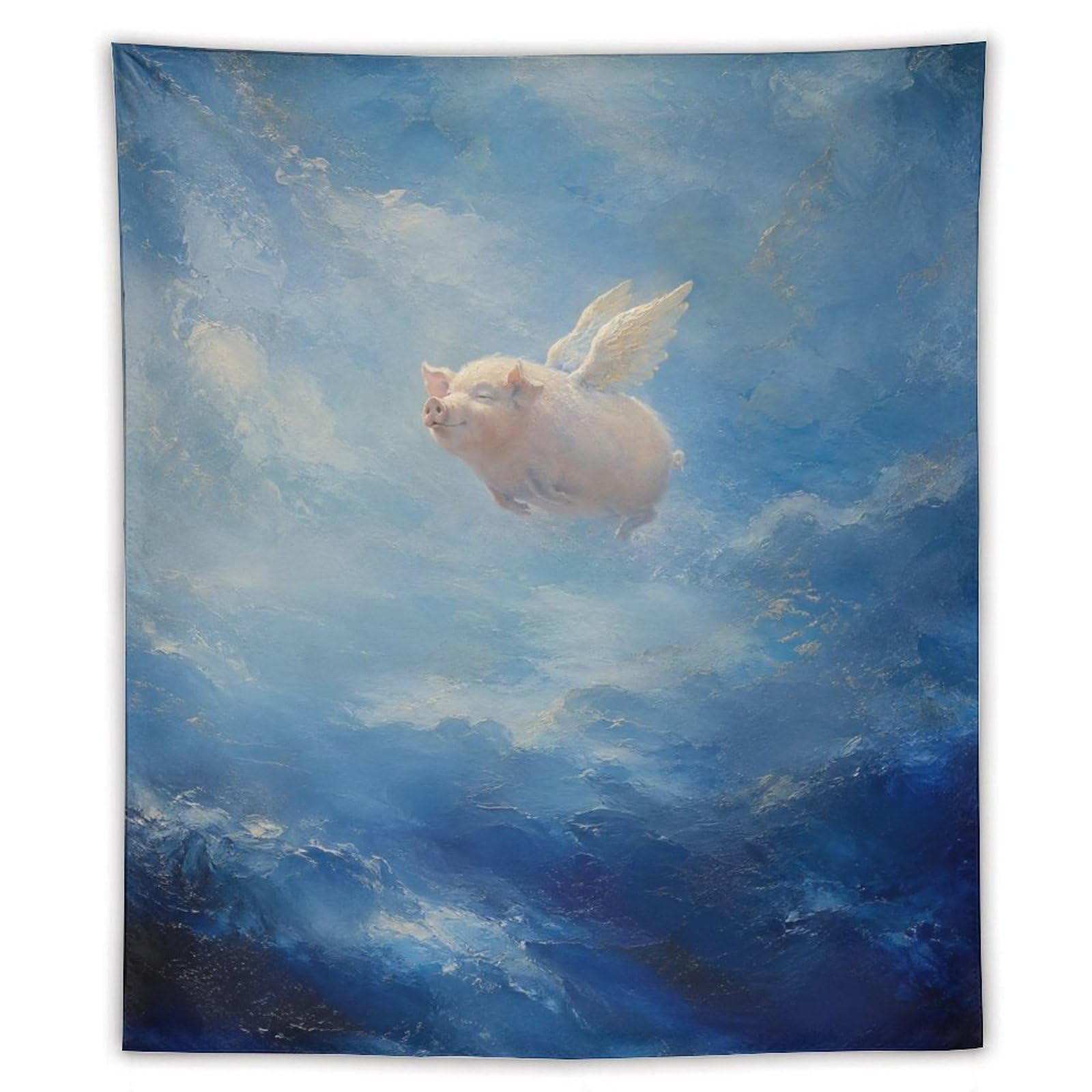 H3B8U2Y5 Flying Pig Ocean Sky Wall Tapestry, Naive Art, Ceiling Hanging