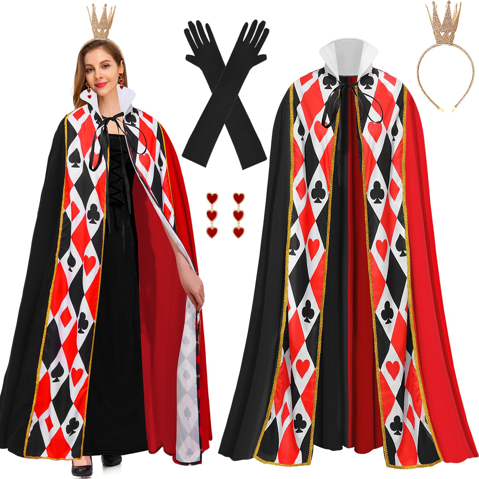 Queen of Hearts Costume 4 Pieces Queen Costume Adult with Red Hearts Cloak Gloves Hair Bands Earrings Queen Costumes for Women Carnival