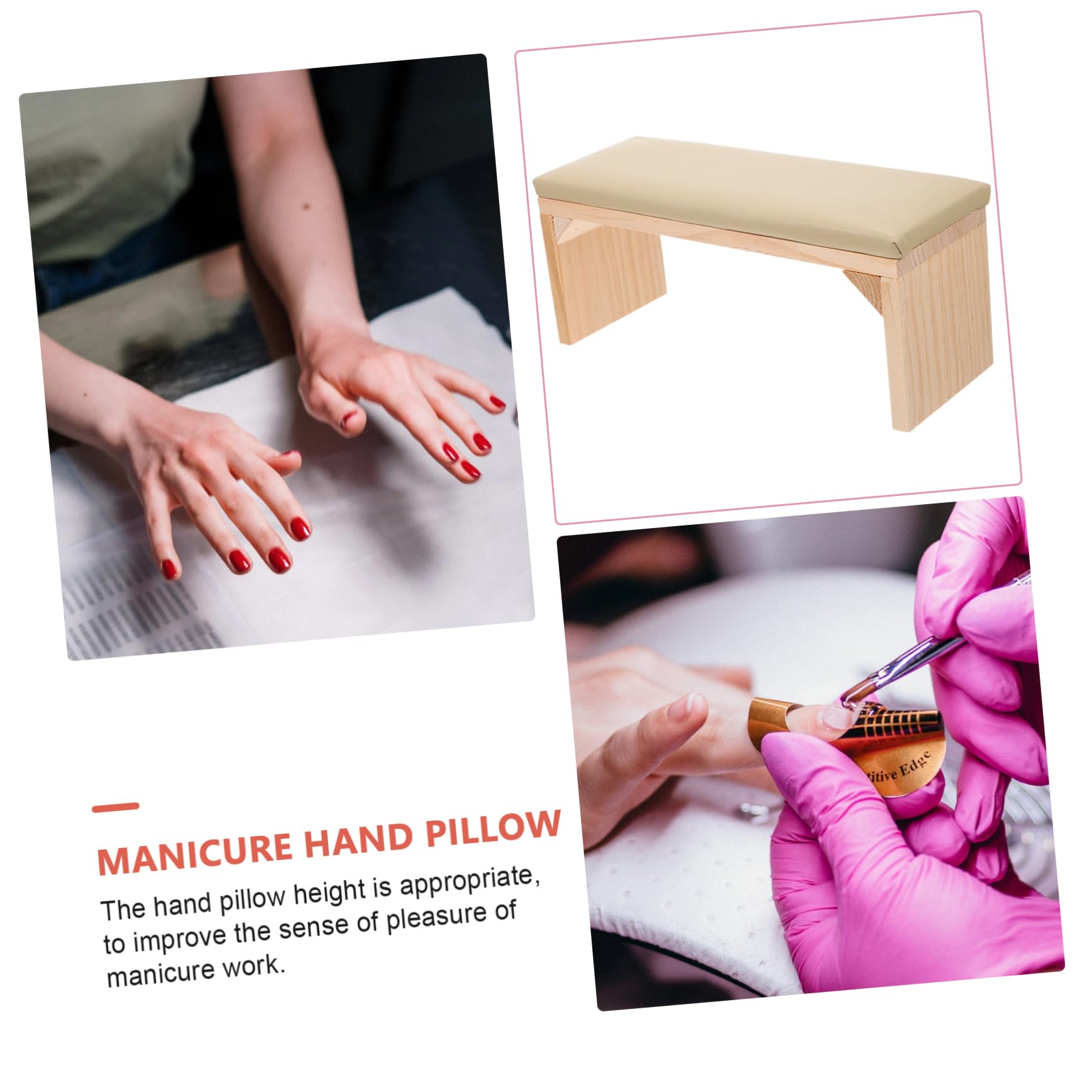 Healeved Poggiamano per Mani Stabili in Legno e Pelle Beige per Manicure Cuscino Pratico per Nail Salon e Allenamento Unghie