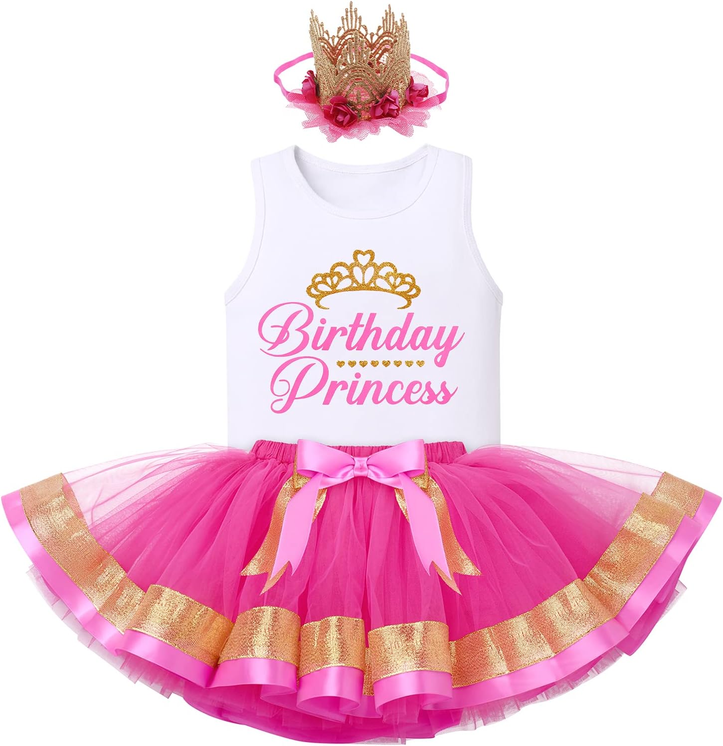 IBTOM CASTLE Toddler Baby Girl Princess Birthday Party Dress Sleeveless Printed Vest Tops+Tulle Tutu+Flower Crown Outfit