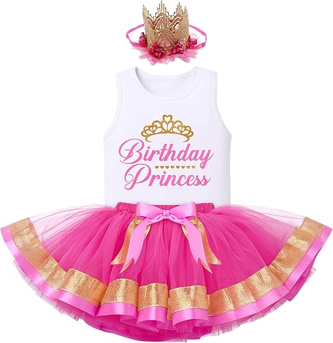 IBTOM CASTLE Vestido de fiesta de cumpleaños de princesa para niña pequeña, sin mangas, chaleco impreso+tutú de tul+traje de corona de flores