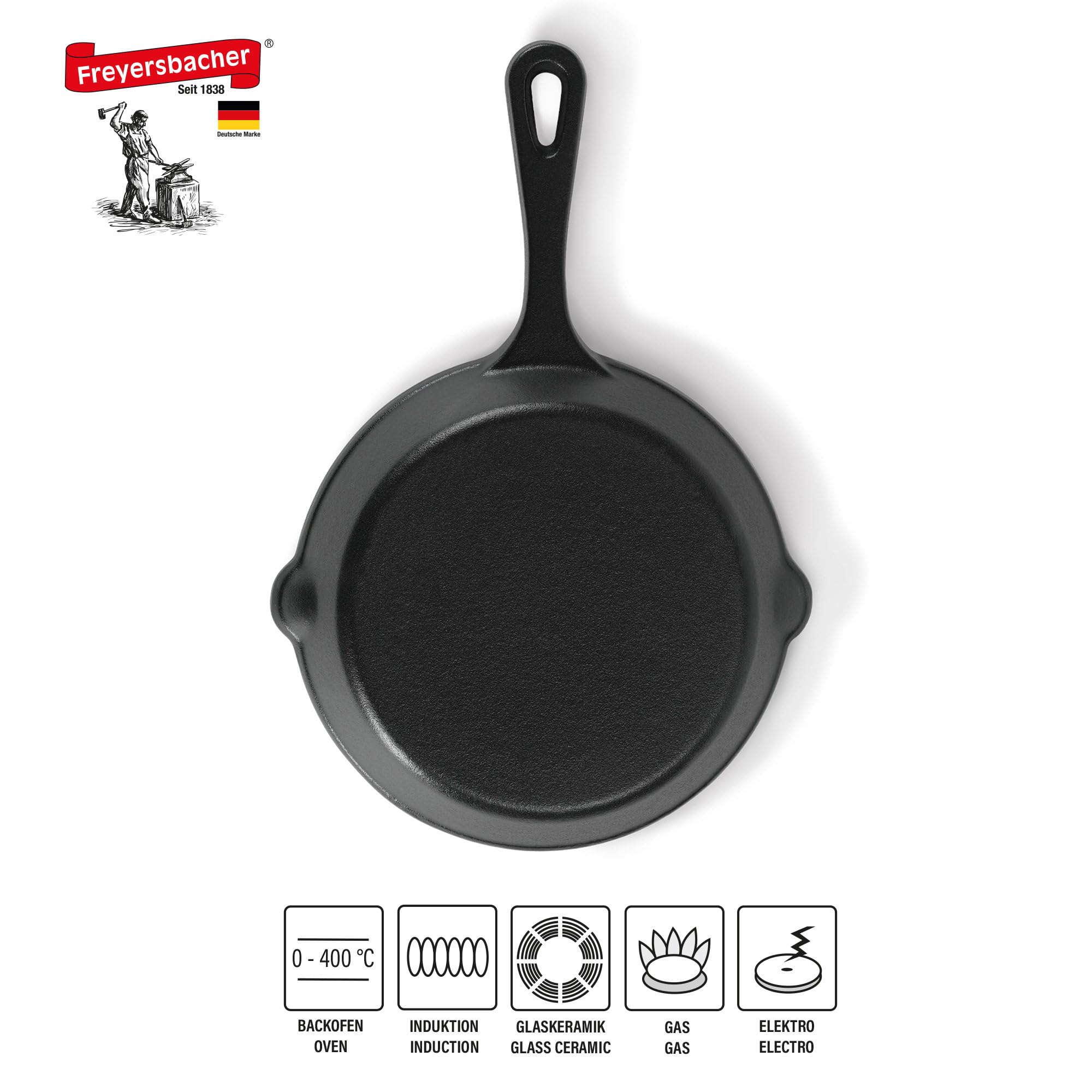 Emaillierte Gusseisenpfanne 20 cm, Handgeschmiedete Emaille Pfanne mit zwei Schüttkerben, Antihaft Pfanne geeignet für Backofen Induktion Holzbackofen Grill Feuerstelle, schwarz