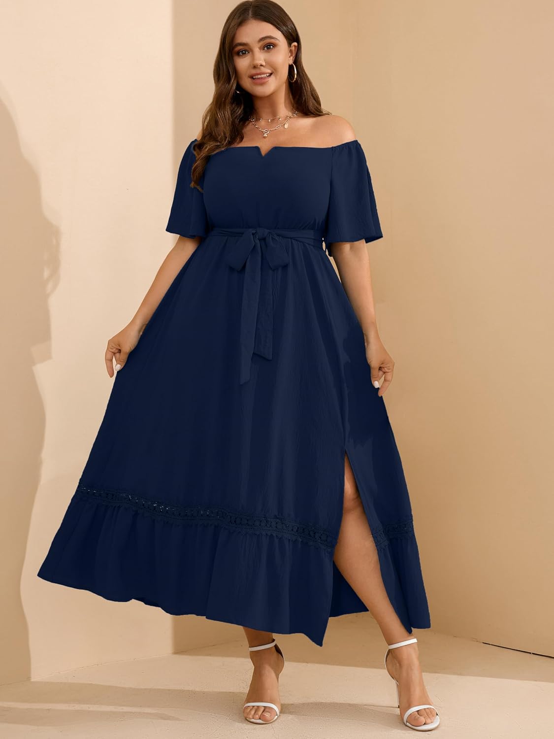 RWJ Women's Plus Size Dress for Cocktail Wedding Guest Formal V Neck Off The Shoulder Maxi Dress with Belt