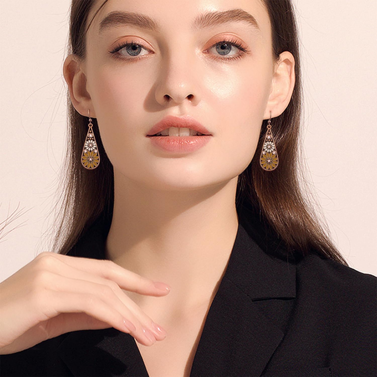 Handmade Bohemian Tribal Retro Copper Crystal Teardrop Dangle Drop Earrings National Style Geometry Colorful Enamel Flower Hook Earrings for Women - Image 4