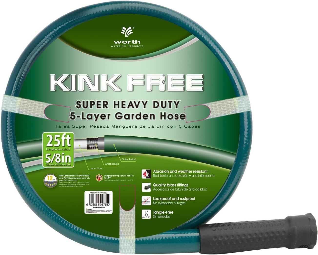 Worth Lead-in Green Garden Hose 5/8 in. x 25 ft. -Kink Free, No Leaking, Male/Female Fittings -Heavy Duty Durable Flexible Lightweight Water Pipe -Brass Aluminum Ends for Household & Yard Use