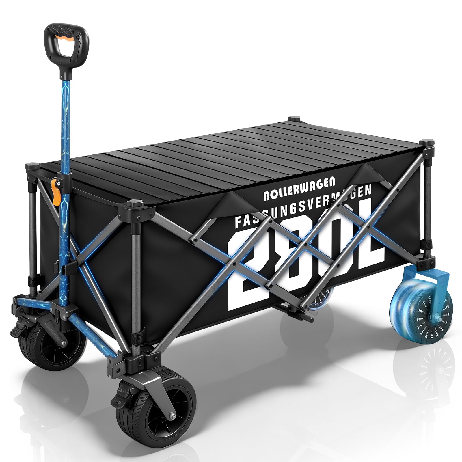 Chariot électrique Pliable, Chariot de Plage avec Moteur sans balais | Conception entièrement Pliable | 280L à 80KG | 3 Vitesses | Chariot de Jardin avec Plateau de Table pour Jardin (Noir)