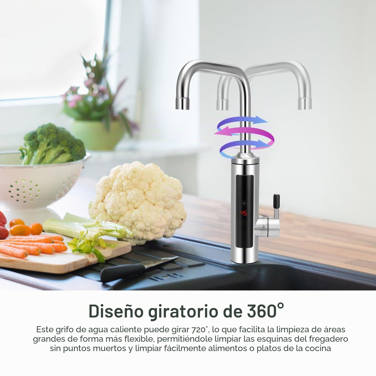 Grifo eléctrico con calentador de agua de 230 V, 3000 W, grifo eléctrico de acero inoxidable con indicador de temperatura LED, giratorio 360°, grifo de agua caliente con calentador de agua instantáneo