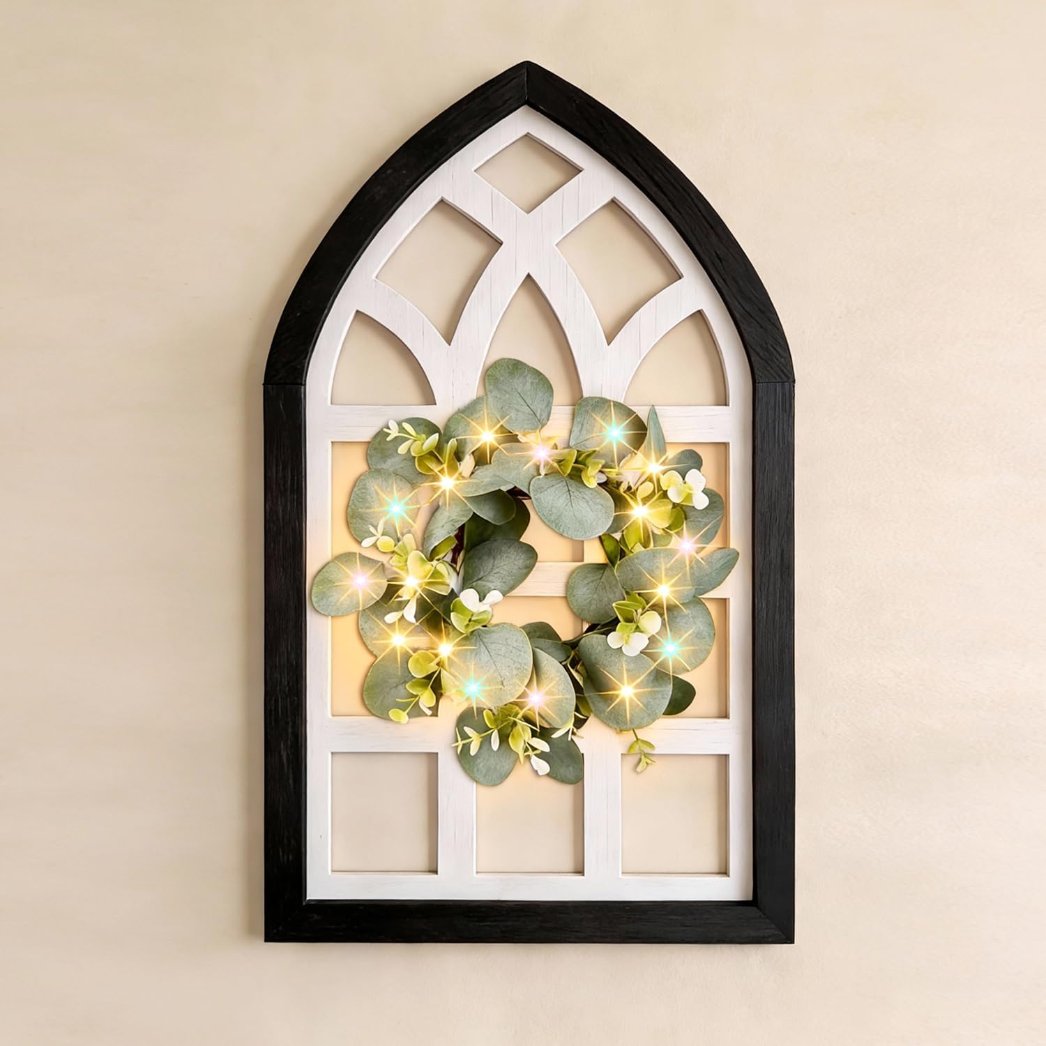 Foutcheou Farmhouse Arched Window Frame: Wall Decor with Wreath & Decorative Light String, 23x13 Inch Distressed Wooden Faux Window Pane Wall Hanging for Living Room Bedroom Rustic Home Decor (Black)