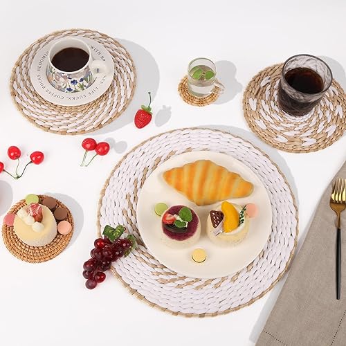 Vista 24 de Juego de 6 cestas de pared bohemias – Decoración de pared tejida para colgar, cesta tejida hecha a mano, redondas, planas, arte de pared