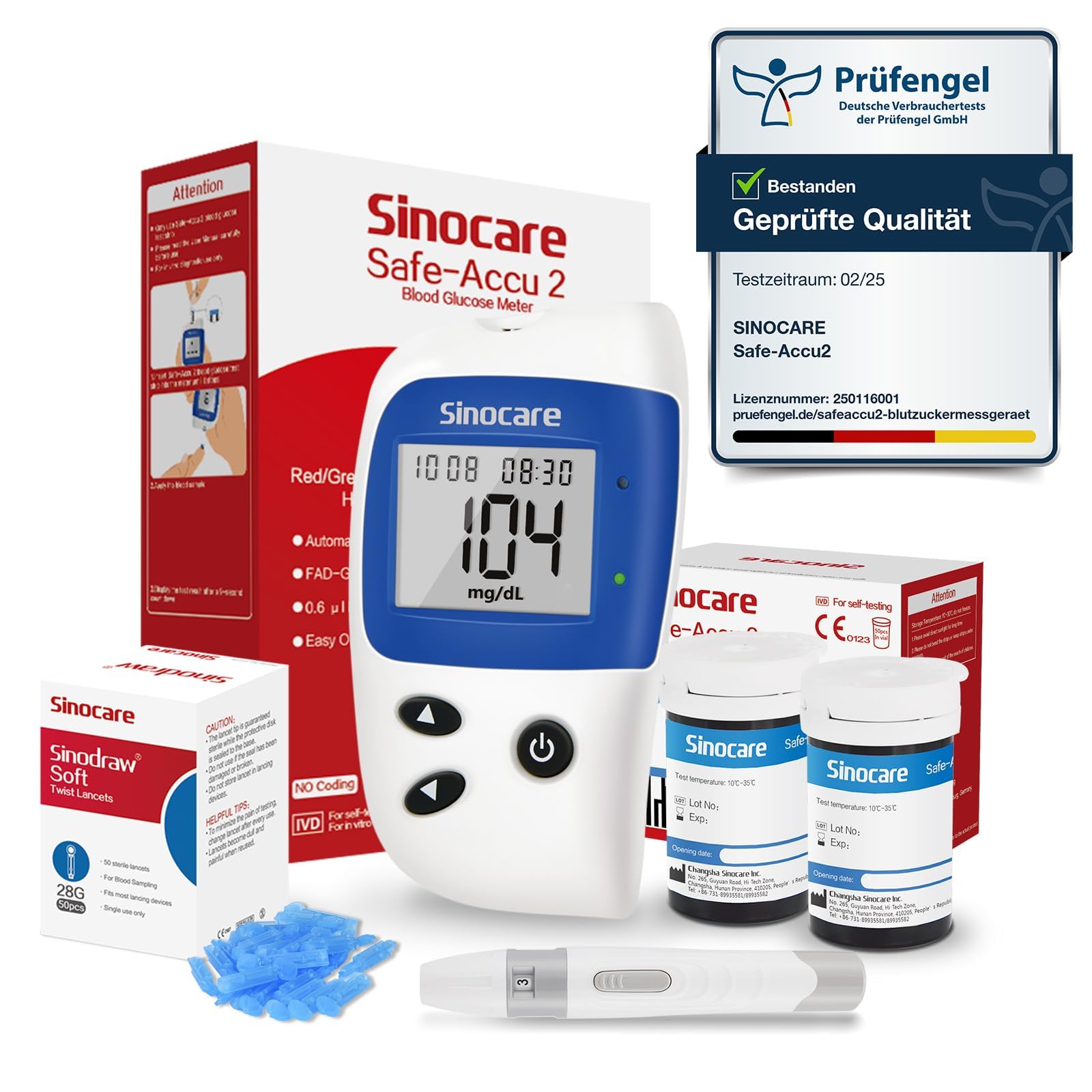 sinocare Blutzuckermessgerät, Zuckermessgerät mit Blutzuckerteststreifen 50, Schmerzfrei & Schnell, Wenig Probenvolumen- mg/dL (Safe-Accu2 Blutzuckermessgerät 50 Set)