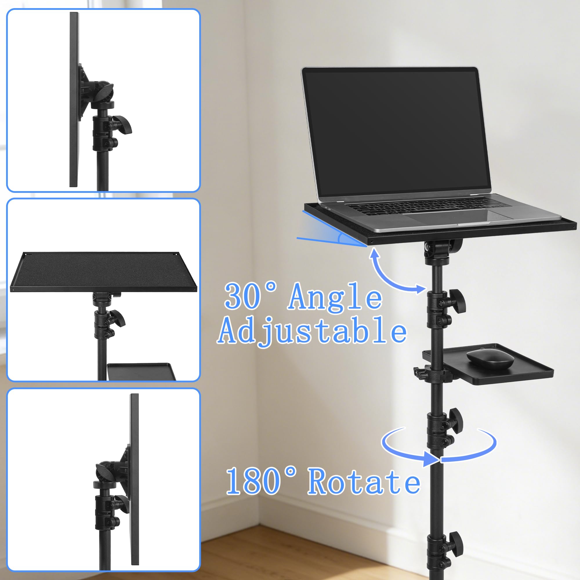 AKOZLIN Trépied de projecteur avec 2 étagères et 4 pieds, support portable réglable hauteur 65-130 cm, rotation à 180 degrés pour projecteur, équipement DJ, iPad