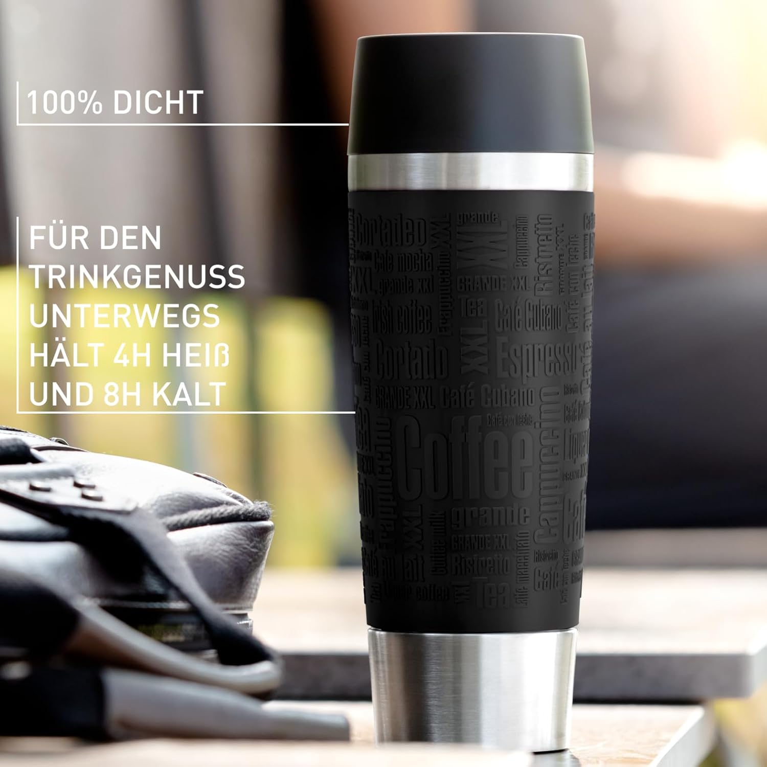 Emsa Travel Mug Classic Thermobecher, 360 ml, Isolierbecher hält 4h heiß, 8h kalt, 100 Prozent dicht, auslaufsicher, Quick-Press-Verschluss, 360 Grad-Trinköffnung, Kaffeebecher to go, Schwarz, 513361 – Bild 2