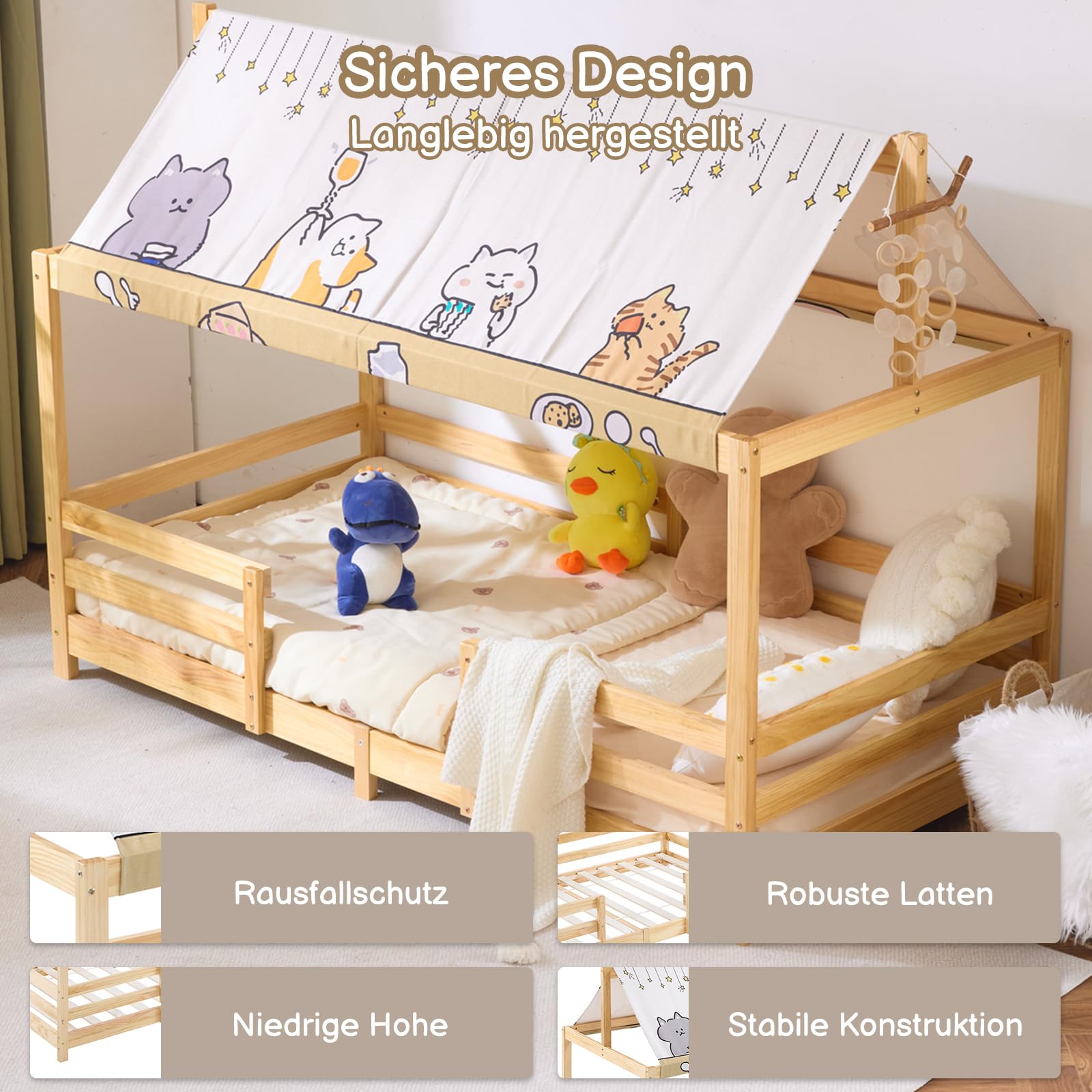 LEADZM Kinderbett Bodenbett 90x200 cm, Kinder Bett Mit Stoffhimmel | Kinderbetten inkl. Rausfallschutz & Lattenrost, Bodenbett Kinder bis 200 kg (90x200 cm，Natur)