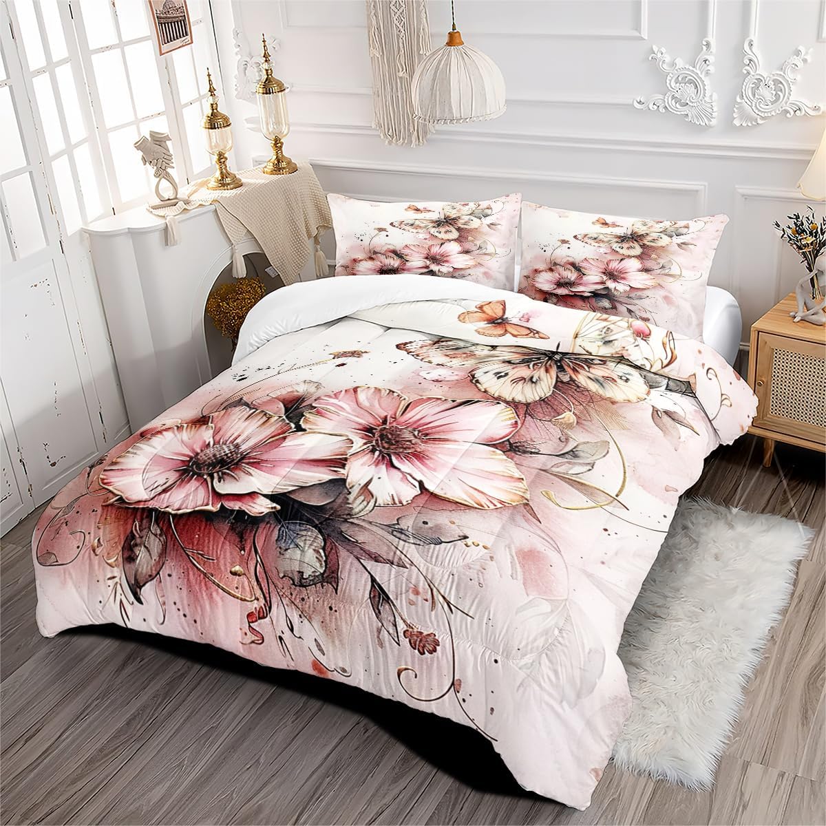 CCoutueChen Pink Butterfly Comforter Set Queen Size Butterfly Flowers Bedding Sets Botanical Floral Comforter Quilt Aesthetic Animal Bed Set 3Pcs Soft Fluffy Comforter for Girls Women Adult Room