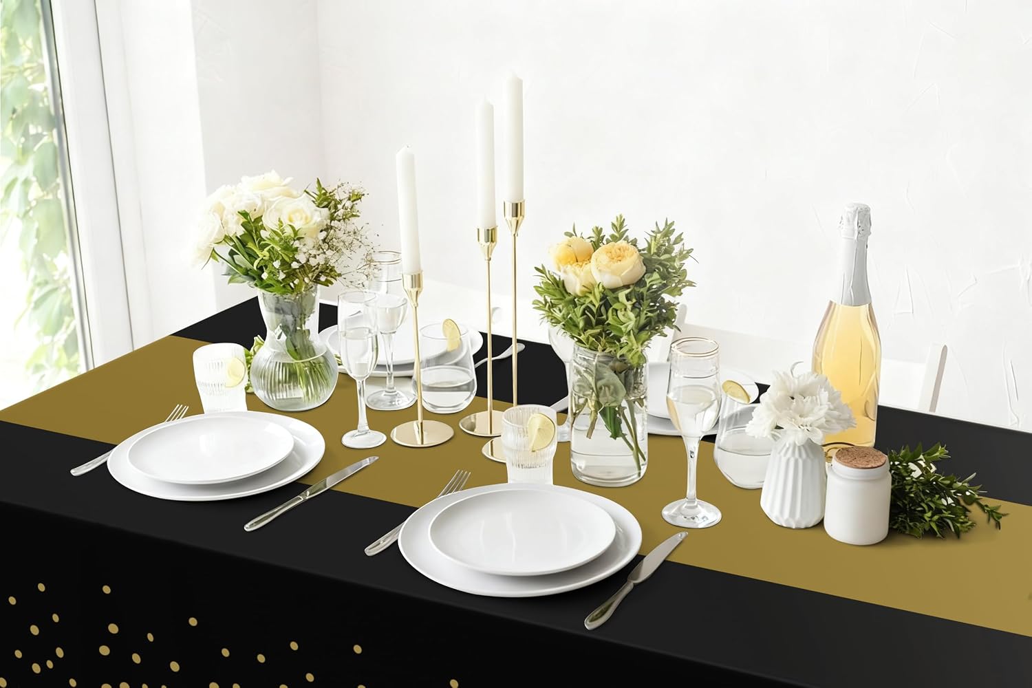 Smiry Plastic Table Cloth Disposable 10 Pack, 54 x 108 Inch Rectangle Waterproof Tablecloth, Printed Gold Table Runner Style for Birthday Weeding, Party Decorations, Leakproof & Sturdy, Black and Gold image 2