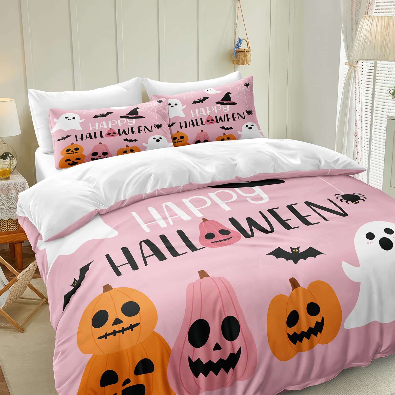 Cute Halloween Bedding King Pink Pumpkin Duvet Cover Set White Ghost Black Bat Spider Web Spooky Cartoon Pattern Girls Teens Halloween Decor Extra Soft Durable Comforter Cover