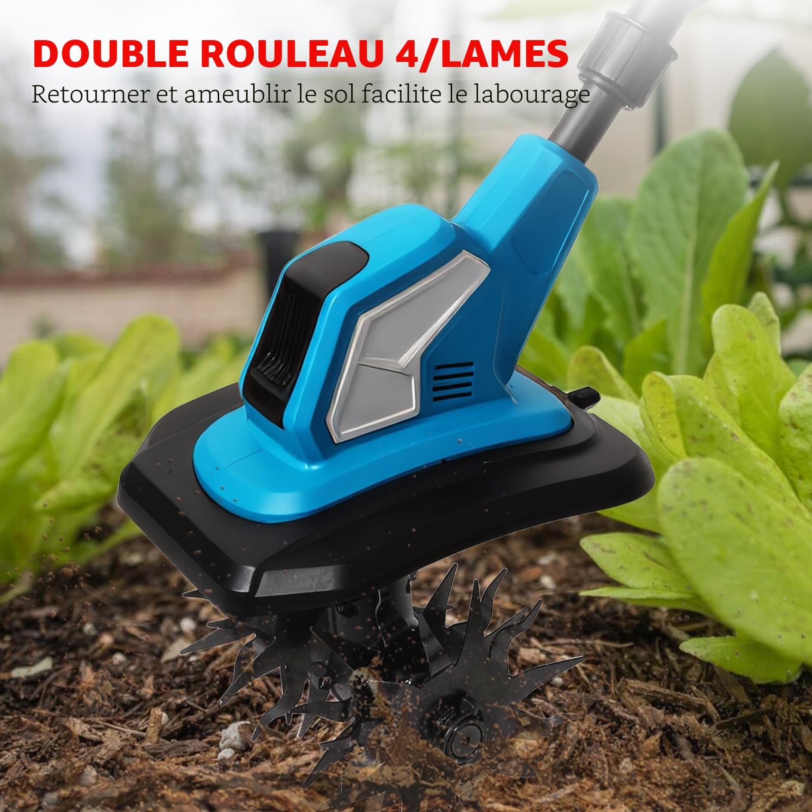 Motobineuse à batterie pour Makita 18 V, motoculteur électrique avec double rouleau 4 lames, design amovible, largeur de travail 17 cm, profondeur de travail 24 cm, pour l'agriculture et la culture