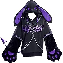 Micotaku Gothic Bunny Paw Hoodie Set Womens Black & Purple Cosplay Sweatshirt with Removable Chains & Paws