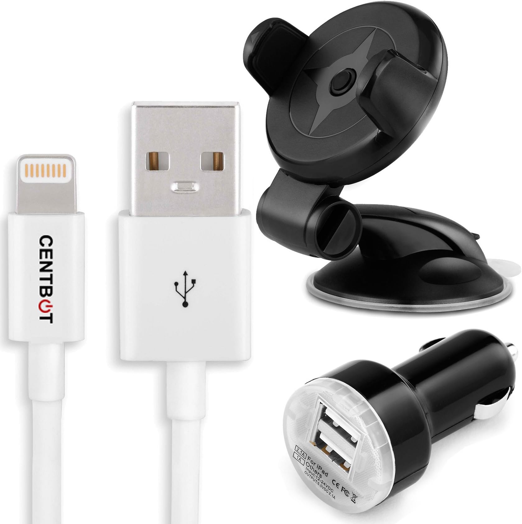 CENTBOT Universal Phone Holder & Rapid Car Charger Kit (Lightning) - Car Phone holder - Rapid USB charger - MFI Lightning cable