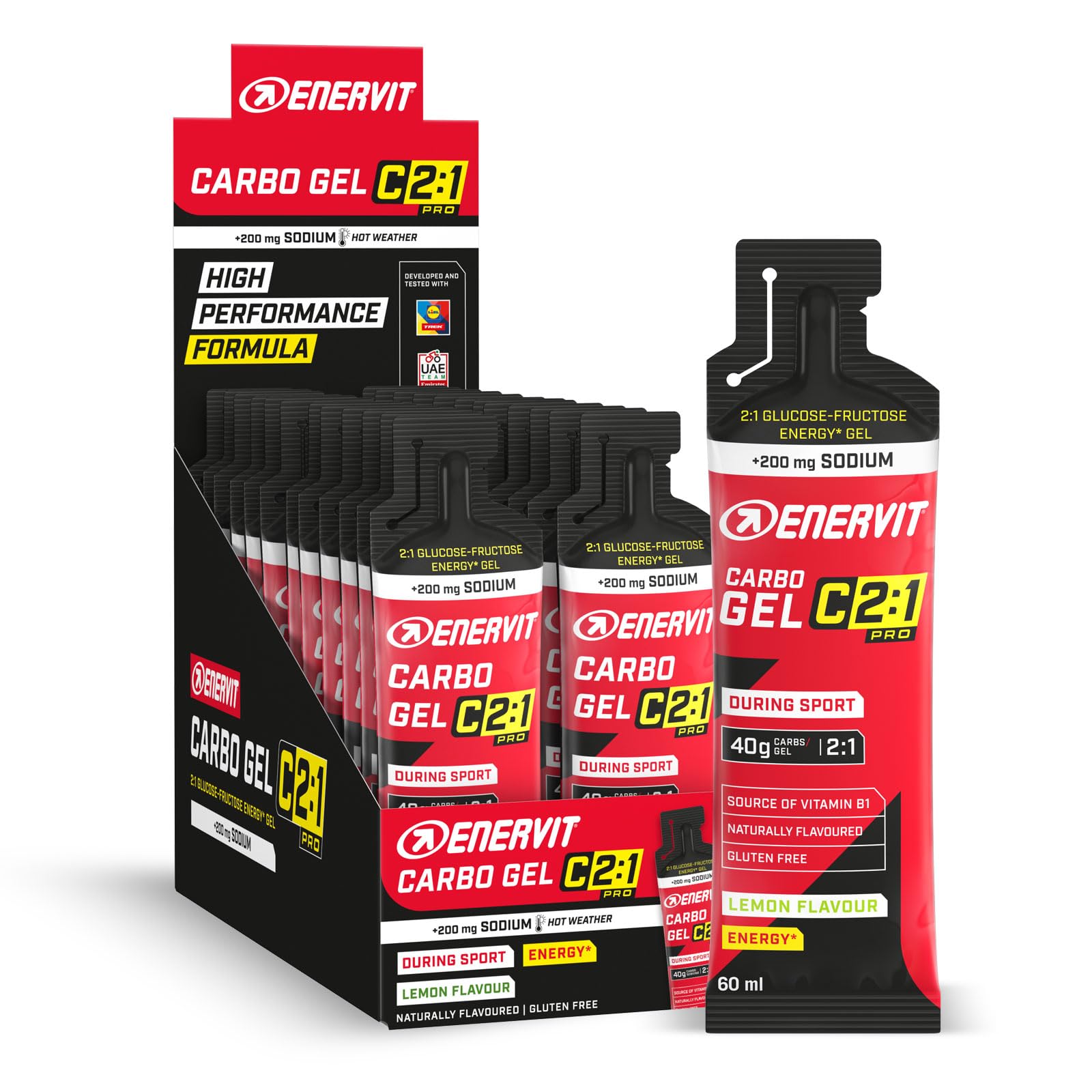 Enervit Carbo Gel C2:1PRO con Sodio, Gel Energético con 40g de Carbohidratos, Actividades de Alta Intensidad, +50% Carbohidratos Absorbidos, Sabor Lima, Sin Gluten, Alta Digestibilidad, 24 Pack x 60ml