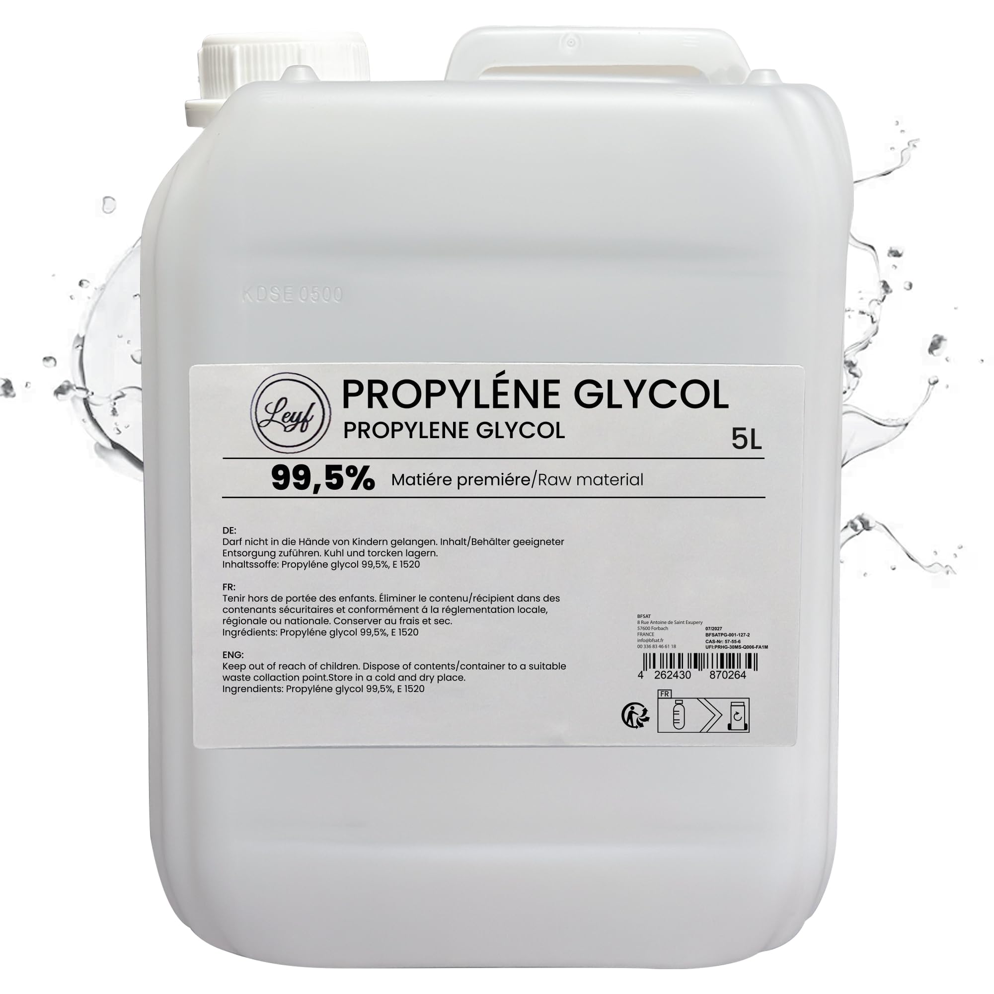 Leyf 5000 ml Propylenglykol E1520, Perfekt für DIY, Pharmaqualität 99,7% Reinheit, Lebensmittelqualität, Raw Material PG, Rein, Vegan, Ph. Eur/USP, 5L