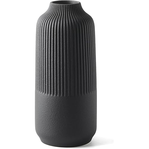 Matte Black Vase Textured Vase Ceramic Minimalist Fluted Vase Decor Modern Ribbed Flower Vases for Home Living Room, Office, Centerpiece and Wedding