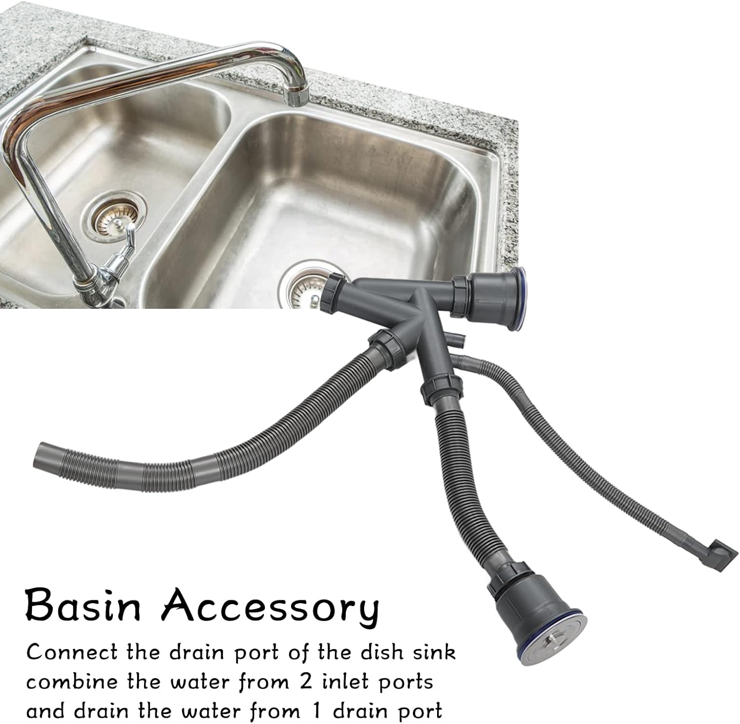 Sink Drain Assembly Kit for Double Bowl Basin, 2-in-1 Quick Connect Bathroom Kitchen Drain with Extensible Hose, Stainless Steel+PVC Fittings and Sealing Gaskets