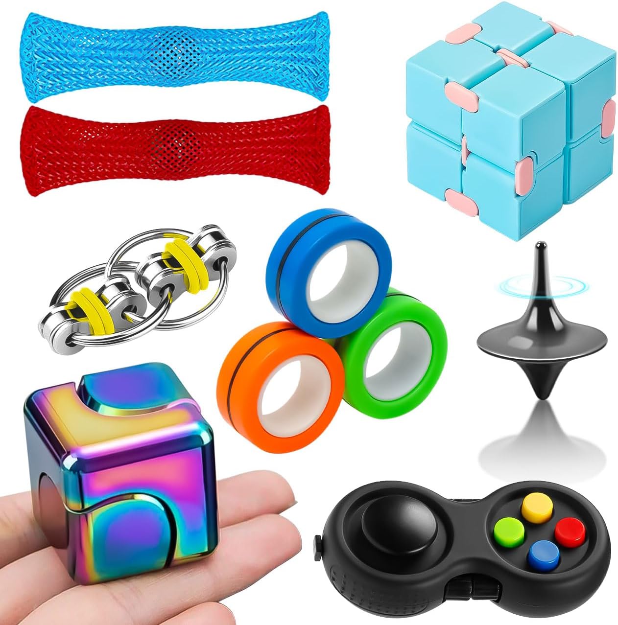 Fidget Sensory Toys Set for Adults 8 Pack with Fidget Spinner, Infinity Cube, 3 Rings, Fidget Pad, Flippy Chain, Spinning Top and More, Quiet Anti-Anxiety Desk Toys for Kids Teens