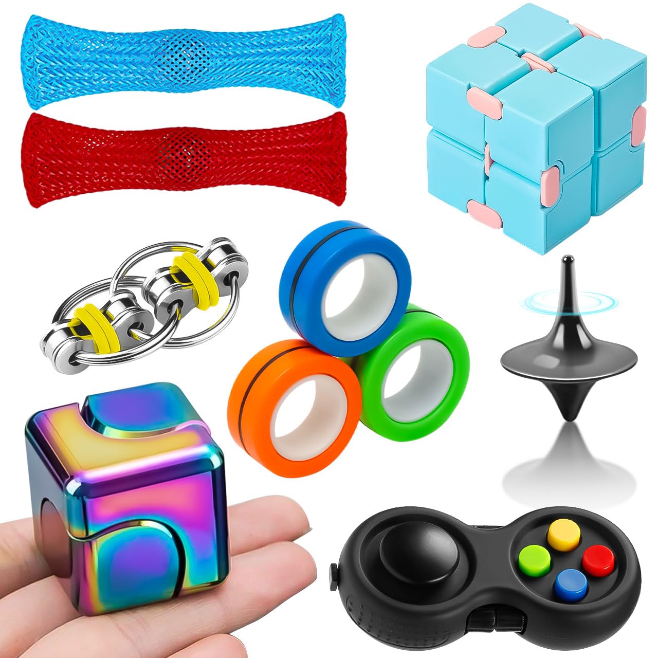 Fidget Sensory Toys Set for Adults 8 Pack with Fidget Spinner, Infinity Cube, 3 Rings, Fidget Pad, Flippy Chain, Spinning Top and More, Quiet
