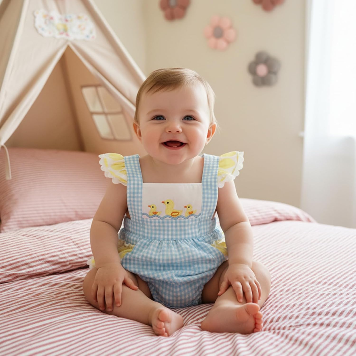 Infant Baby Girl Outfit Duck Embroidery Square Neck Flying Sleeve Bubble Romper Plaid Bodysuit Newborn Summer Clothes