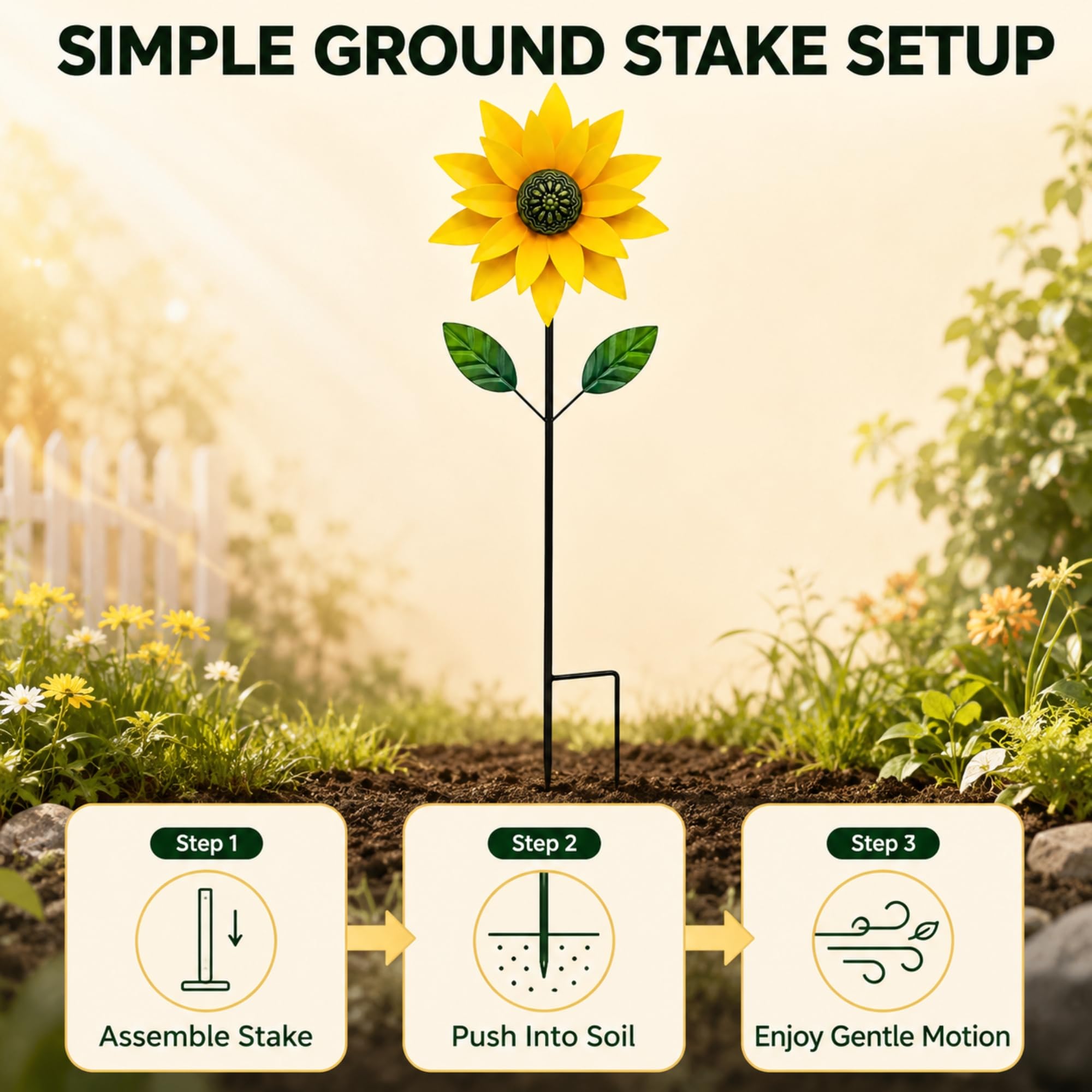 Girandola a vento in metallo con fiore (giallo) - Kinetic Outdoor Yard Art Decor, scultura rotante a vento di girasole per prato patio decorazione giardino