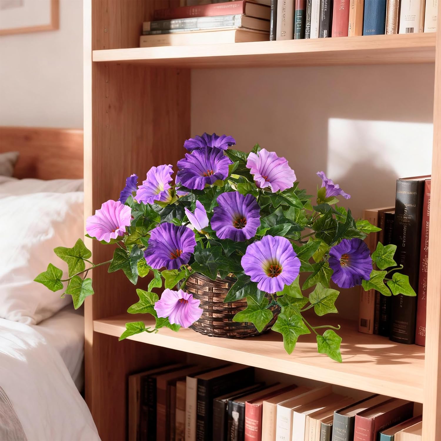 ZFProcess 2 Set Artificial Outdoor Flowers with Hanging Basket, 2 Hanging Planters Faux Silk Morning Glory Flowers for Spring Summer Front Porch Garden Patio Home Decor(Dark Orchid)