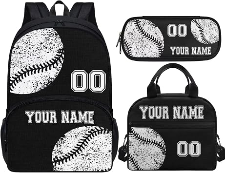 Custom Baseball Backpack for Boys Girls Waterproof School Bag Laptop Bookbag Lunch Box Pen Holder Lightweight Daypack Pencil Bags Hiking Knapsack Rucksack with Compartments, Black