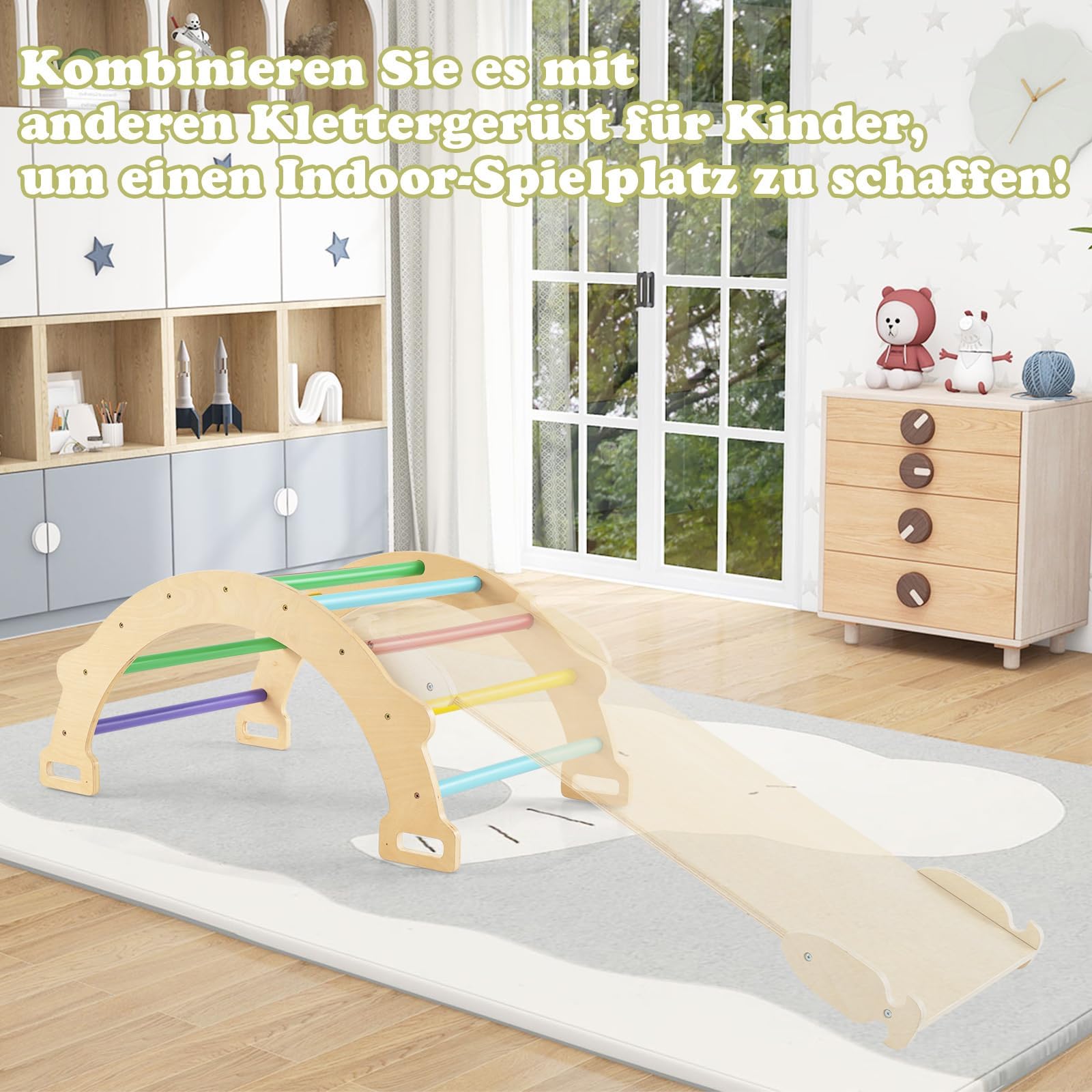 FANTASK Kletterbogen, zum Wippen, Klettern und Krabbeln, Indoor Kletterbogen aus Holz, für Kinder ab 3 Jahre (Bunt)