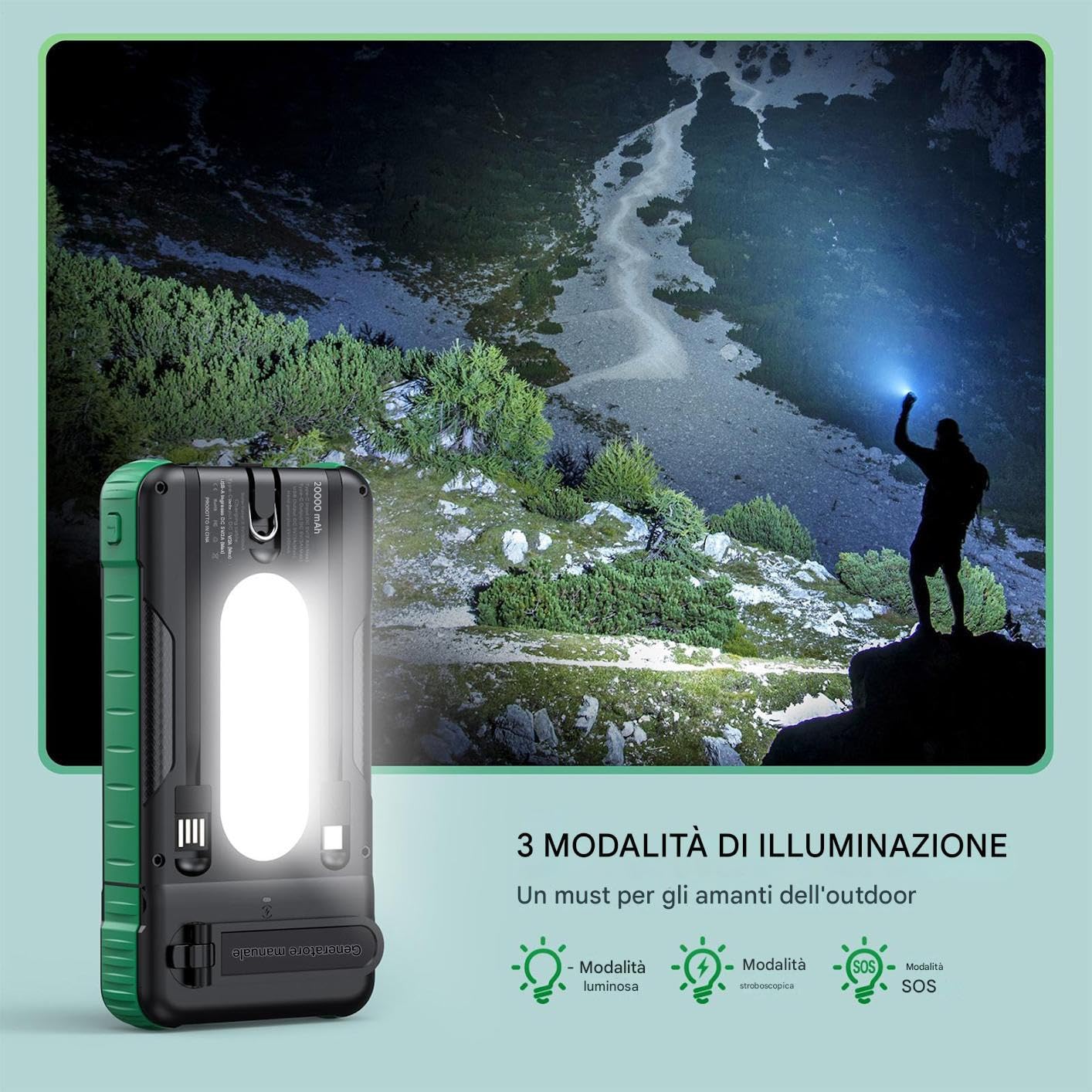 Caricatore Solare Power Bank Impermeabile Con Torcia Luminosa | Power Bank Solare con Manovella per Fotocamera Tablet Escursionismo Viaggio Road Trip Pesca Zaino in Spalla Festival
