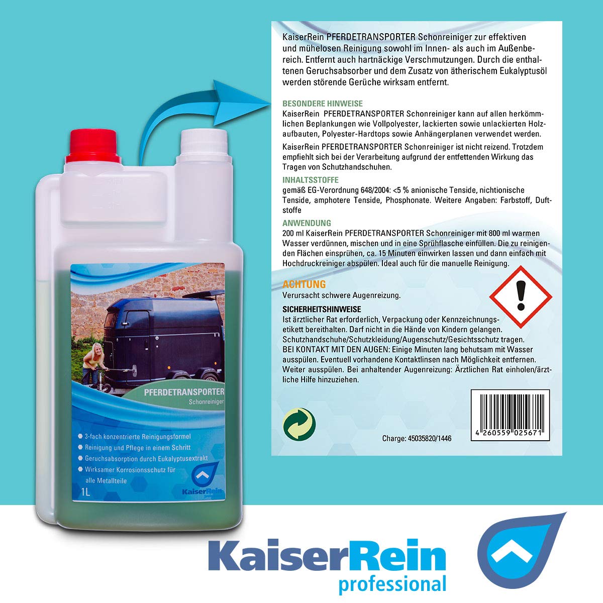 KaiserRein Anhänger Reiniger 1L gründlich absorbiert unangenehme Gerüche Pferde-transporter und Pferde-anhänger Reinigungsmittel