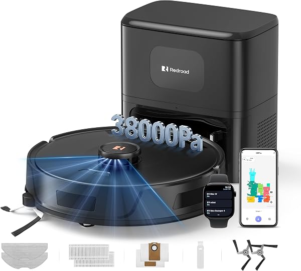 Redroad 38,000Pa Robot Vacuum Robot Vacuum Mop,Vacuum Robot 120Day Self Emptying,Lidar Navigation,5G 2.4GWiFi APP Aspirateur Robot,Self-Charging Robot Vacuums for Pet,Floor,Carpet R11Max Black