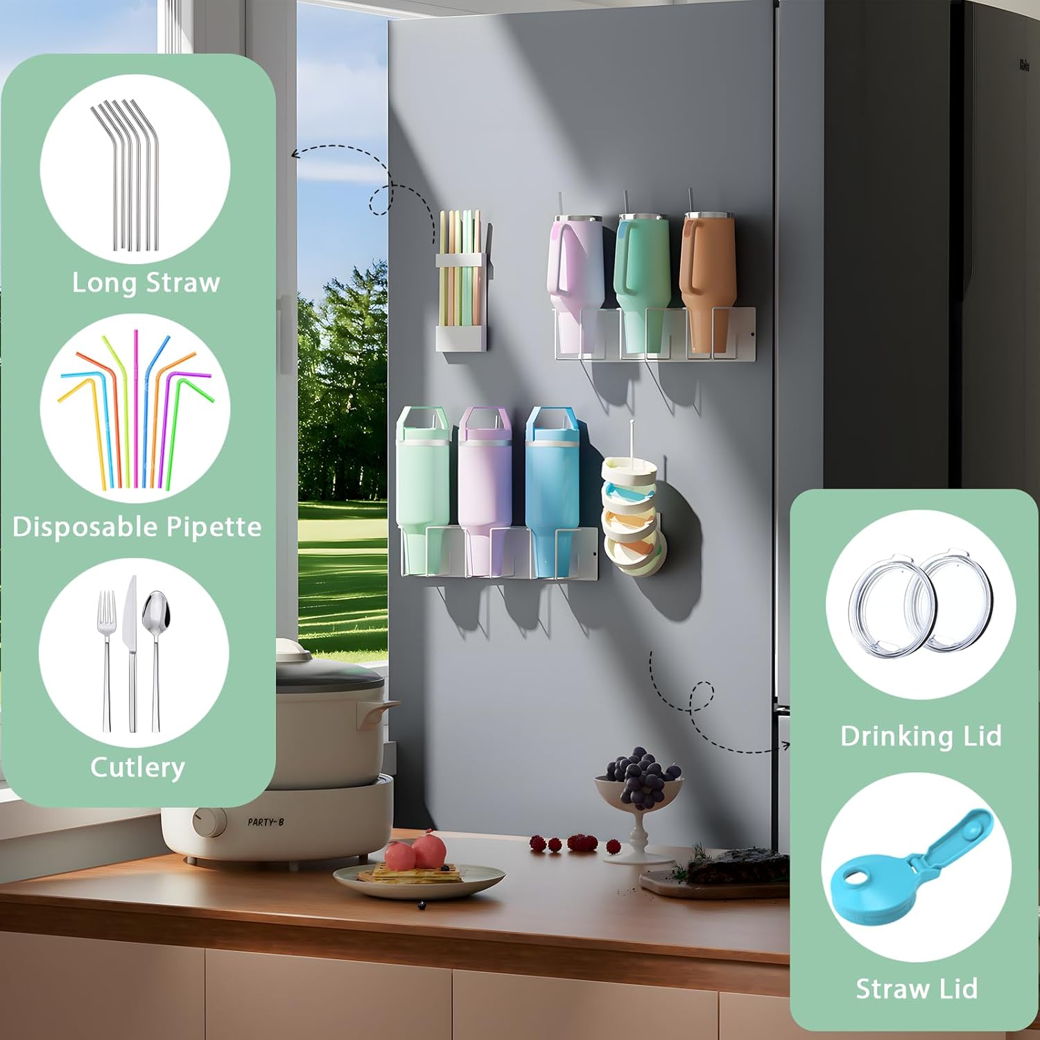 4 Pack Magnetic Cup Holder for Fridge - Water Bottle Organizer Fits Stanley 40/30 oz Cup, Tumbler Organizer Set with Tumbler Lid Holder & Straw Organizer, Cup Holder for Stanley Cup Accessories(White)