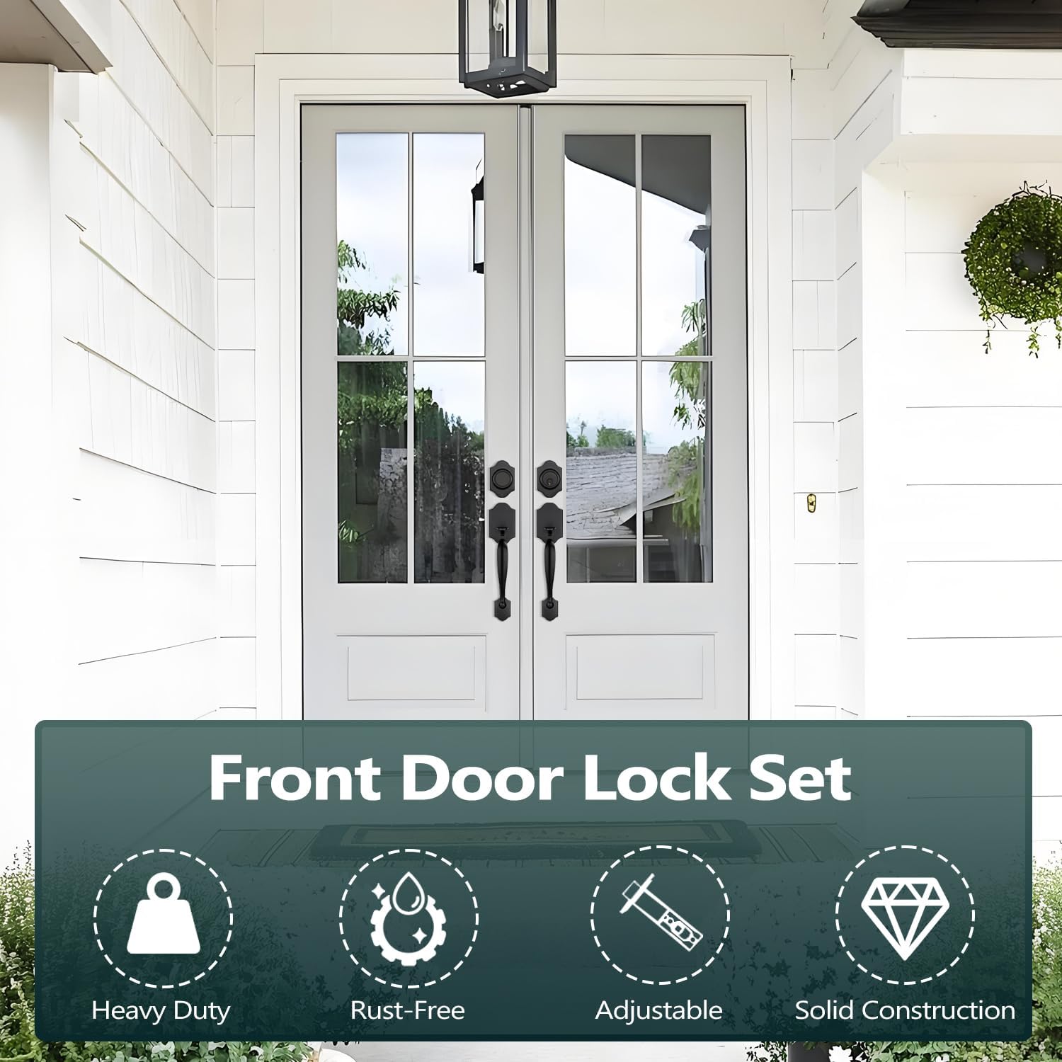 EHOMEWARE 1 Pack Double Front Door Lock Set, Black Front Door Handle with Deadbolt, Exterior Door Lock Set with Dummy, Modern Wave Entry Door Handle, Reversible for Left & Right Doors