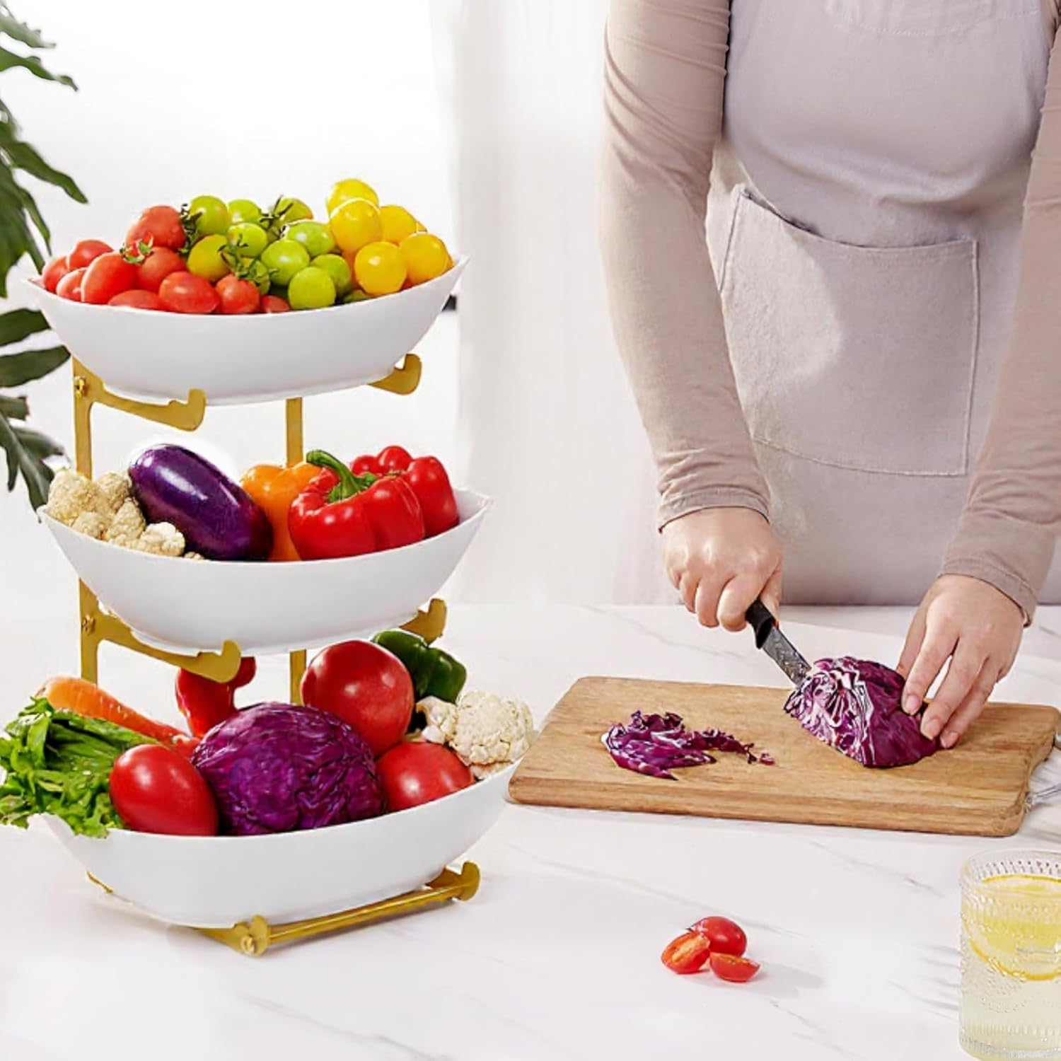 Lifewit Plastic Fruit Bowl for Kitchen Counter, 3 Tier Fruit Basket with Gold Metal Stand, Tiered Fruit Holder for Countertop Serving Tray for Vegetable/Dessert in Party 28 x 21 x 35cm/11 x 8.4 x 14