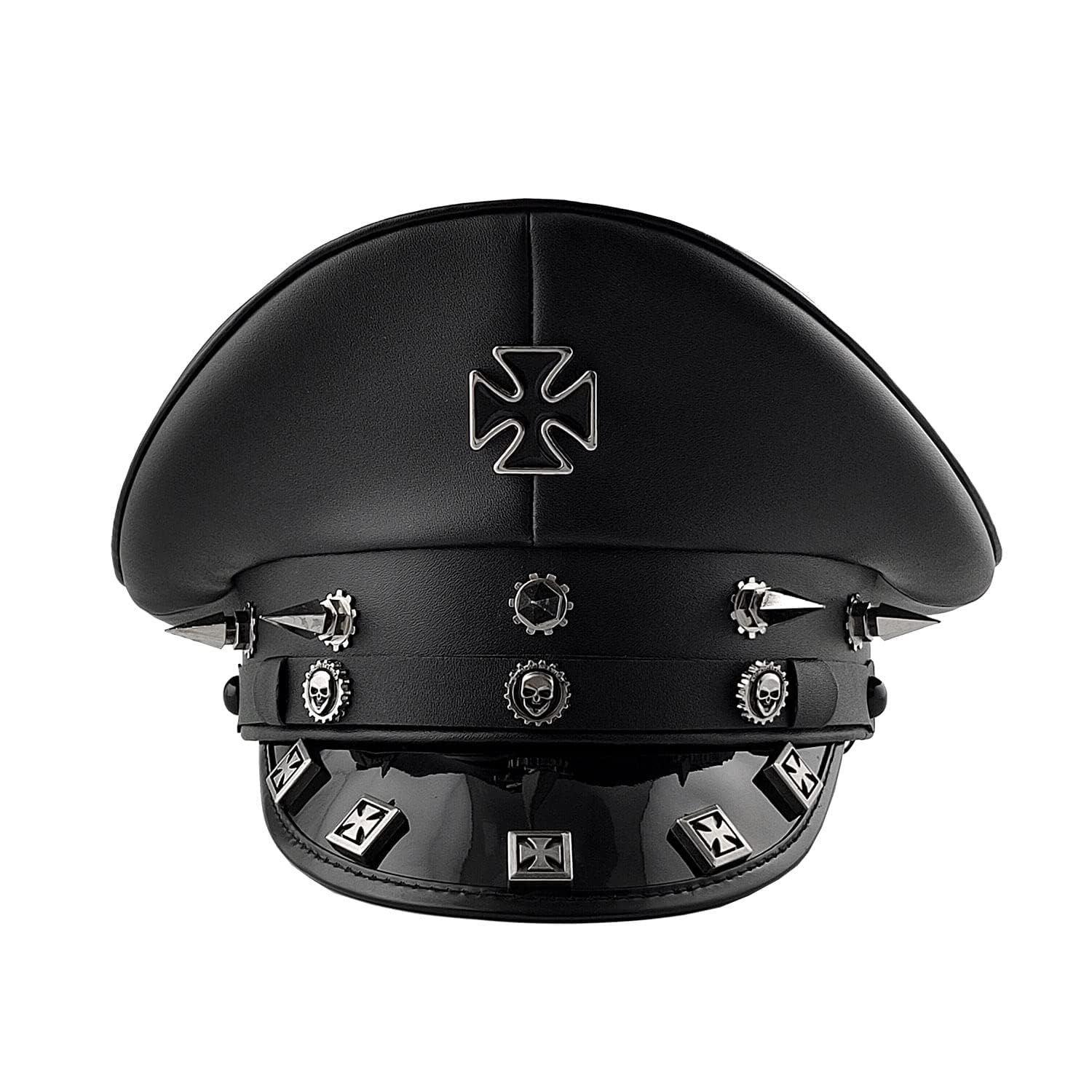 Unisex German Style Military Captain Hat Leather Army Cap with Steampunk Gothic Cross Rivet for Halloween Costume (59cm)