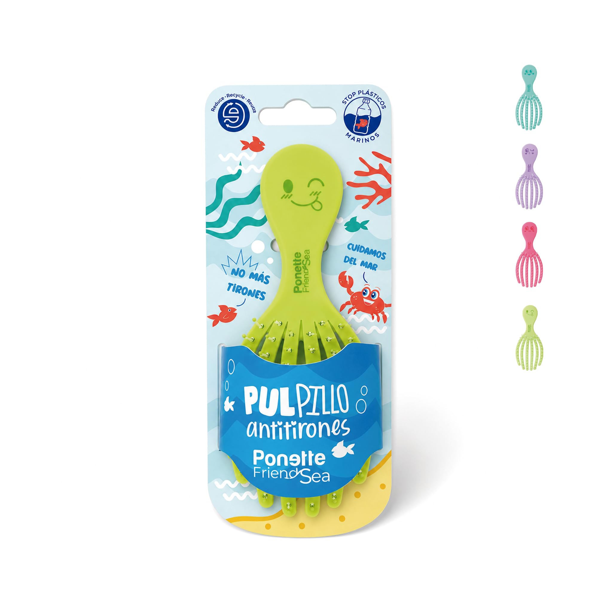 Cepillo de Pelo Desenredante Antitirones Infantil Verde Lima, Compacto, Viaje, Plástico Reciclado, Pulpillo, Divertido, Niños, Niñas, Sin Tirones, Reciclable, Marca Española