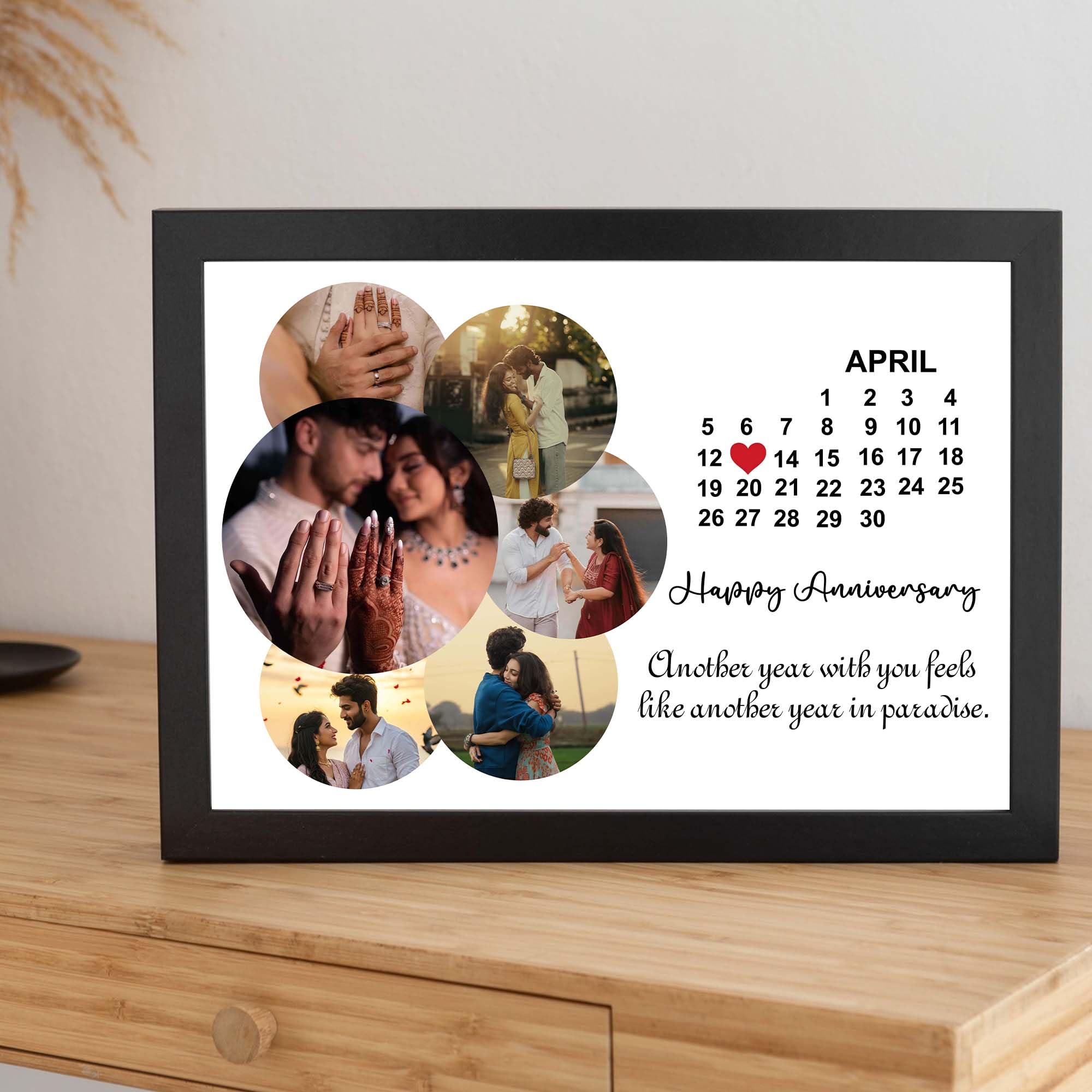 ASHVAH Calendario de mes personalizado con texto en inglés «Happy Anniversary» para collage, marco de fotos con cita, regalo para parejas, día de San Valentín, marido y esposa, tamaño A3