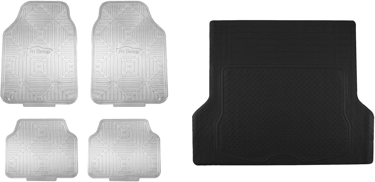 TLH Car Floor Mats Metallic Finish Rubber Backing Full Set, Silver Color