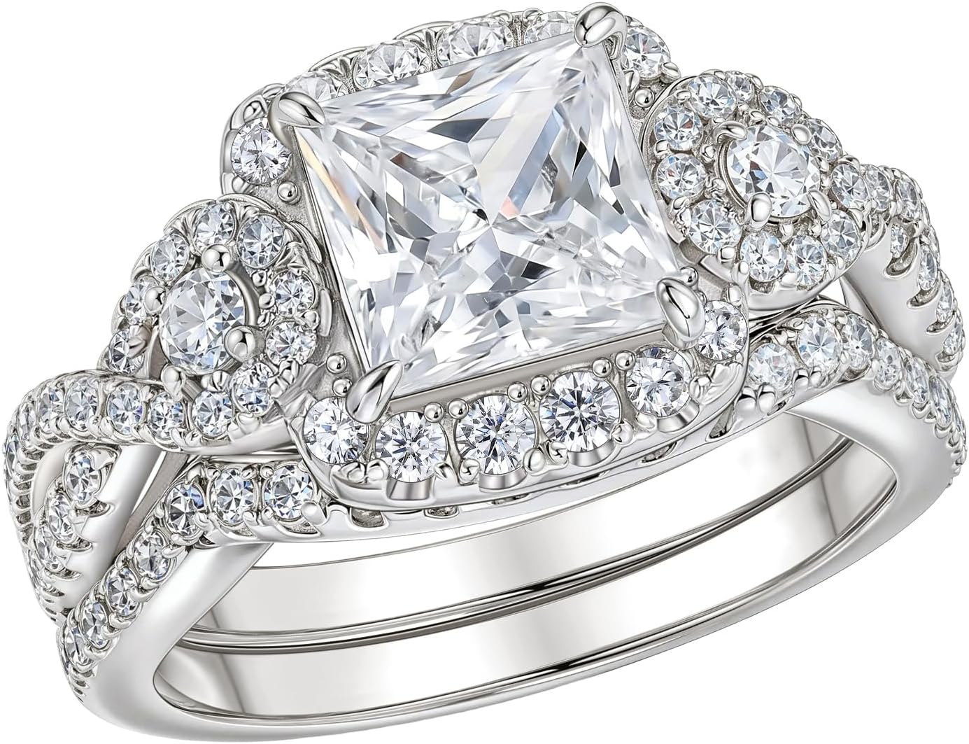 2CT Moissanite Engagement Rings for Women Princess Cut Wedding Ring Sets for Her D Color VVS1 Clarity Twisting Eternity Bands White Gold Plated