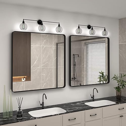 Miniatura 6 de Espejo de baño cuadrado negro de 36 x 36 pulgadas, espejo de tocador de baño con marco mate para pared, espejo rectangular moderno, esquinas