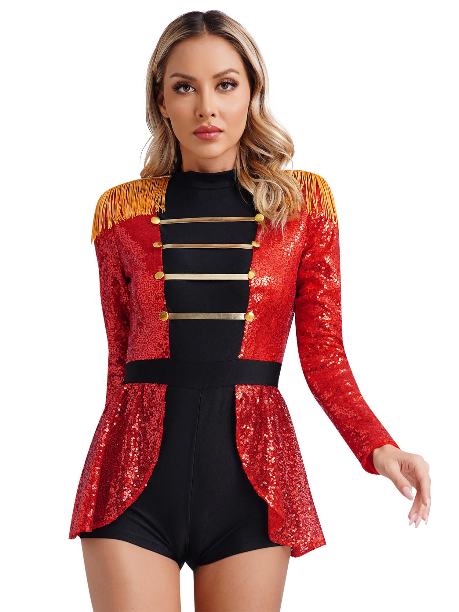 Alvivi Maillot de Domadora Circo con Borlas para Mujer Mono Lentejuelas de Danza Patinaje Disfraz de Maestro de Ceremonia para Fiesta Carnaval S-4XL