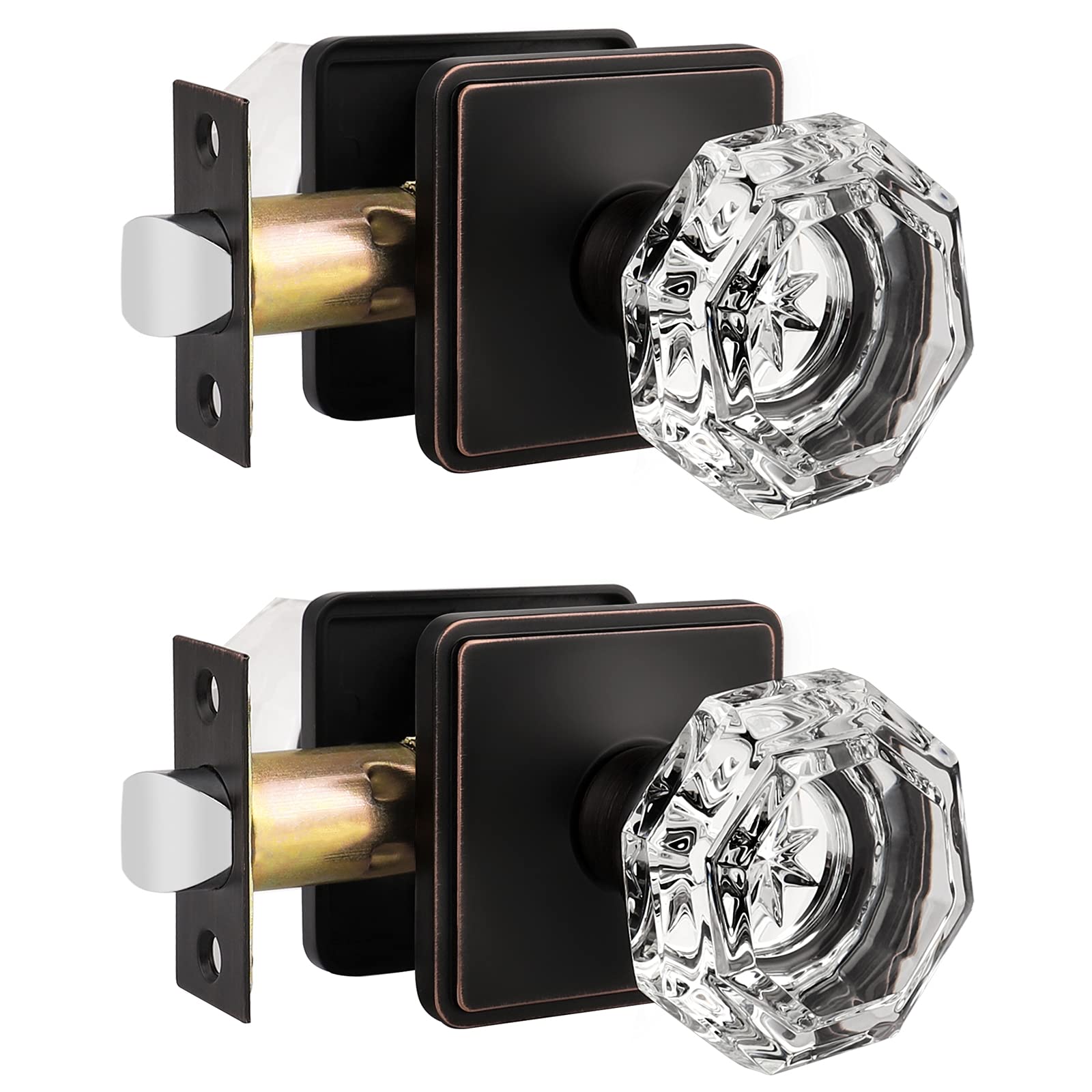 Orger Passage Hall Closet Door Knobs Interior, Clear Octagon Crystal Glass Door Knobs with Oil Rubbed Bronze Finish, Keyless Non-Locking Passage Door Knob Set with Square Back Plate, 2 Pack